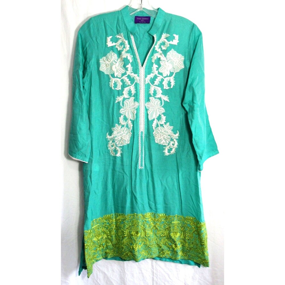 Sana Safinaz Green Embroidered V Neck 3/4 Sleeve Tunic Shirt Size Small EUC